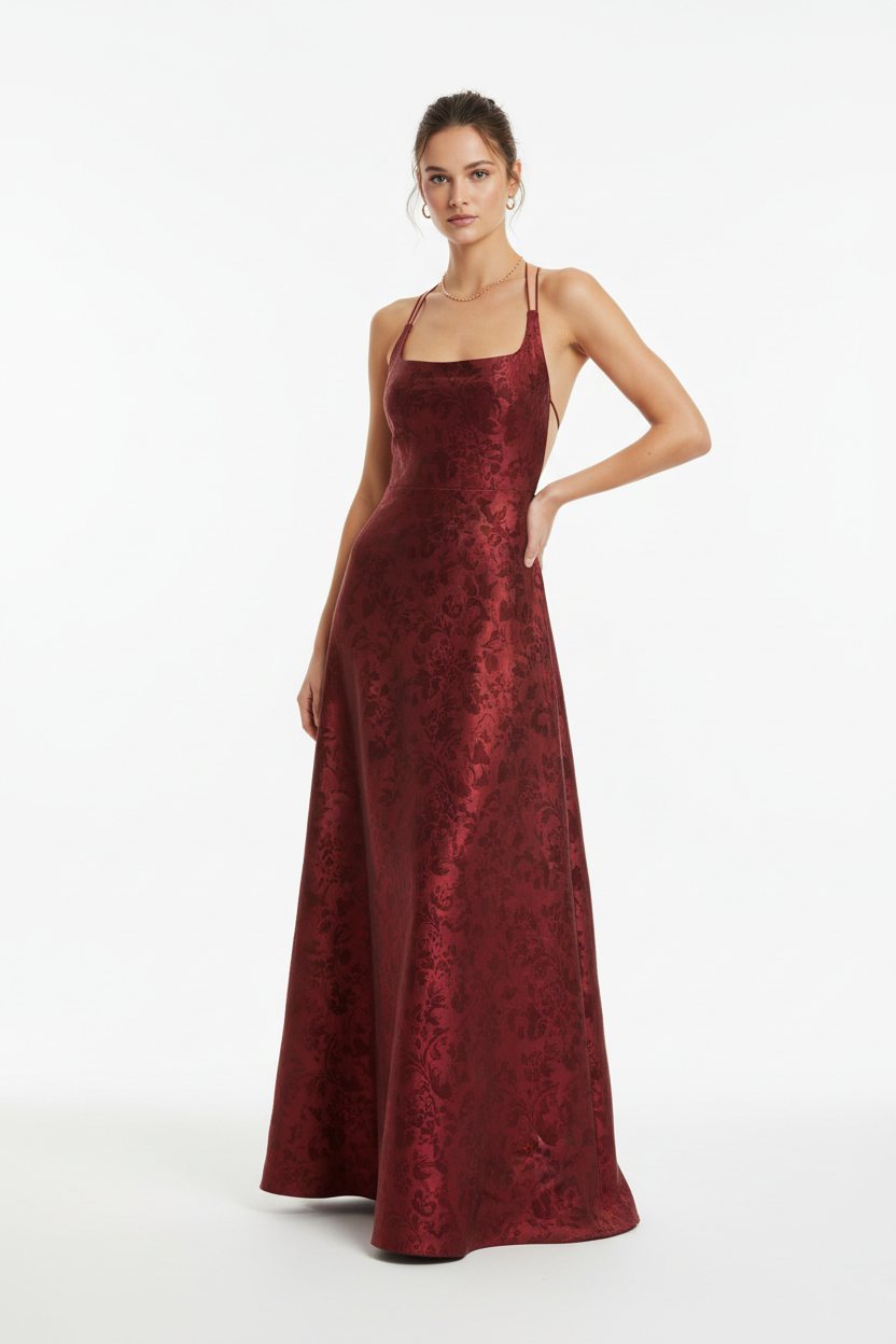 Robe maxi nuisette jacquard rouge bordeaux Scarlett™ — décolleté carré et dos croisé